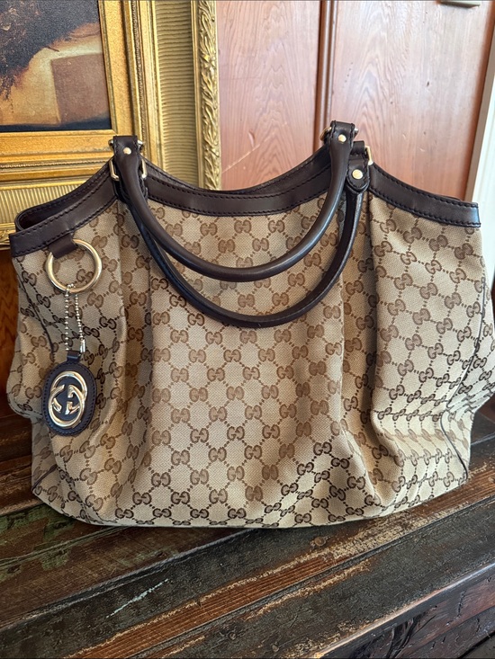 Gucci Handbags - Gucci Beige & Brown GG Canvas Shoulder Bag with Leather Trim